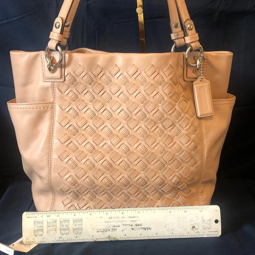 Coach woven leather tote bag EUC 12” x 12” palest pink tan color Rare